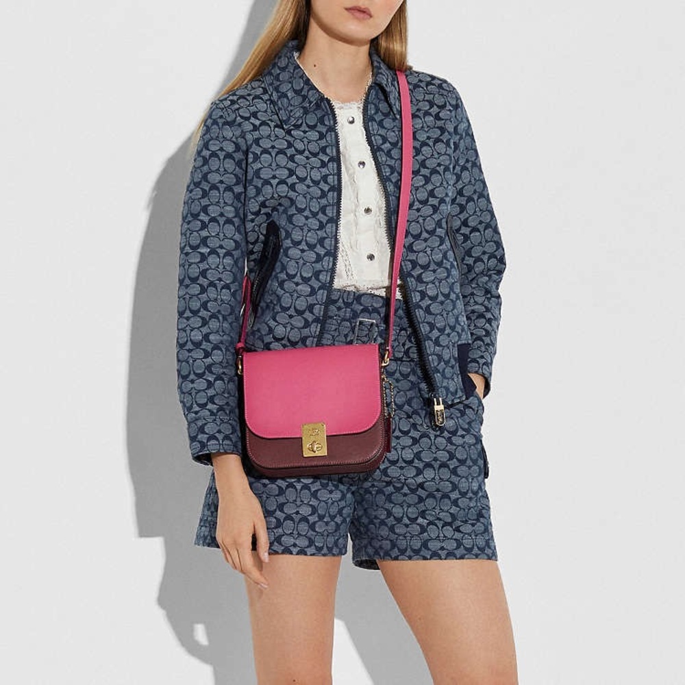Coach Hutton Saddle Pink and Burgundy Colorblock Smooth Leather Crossbody Bag